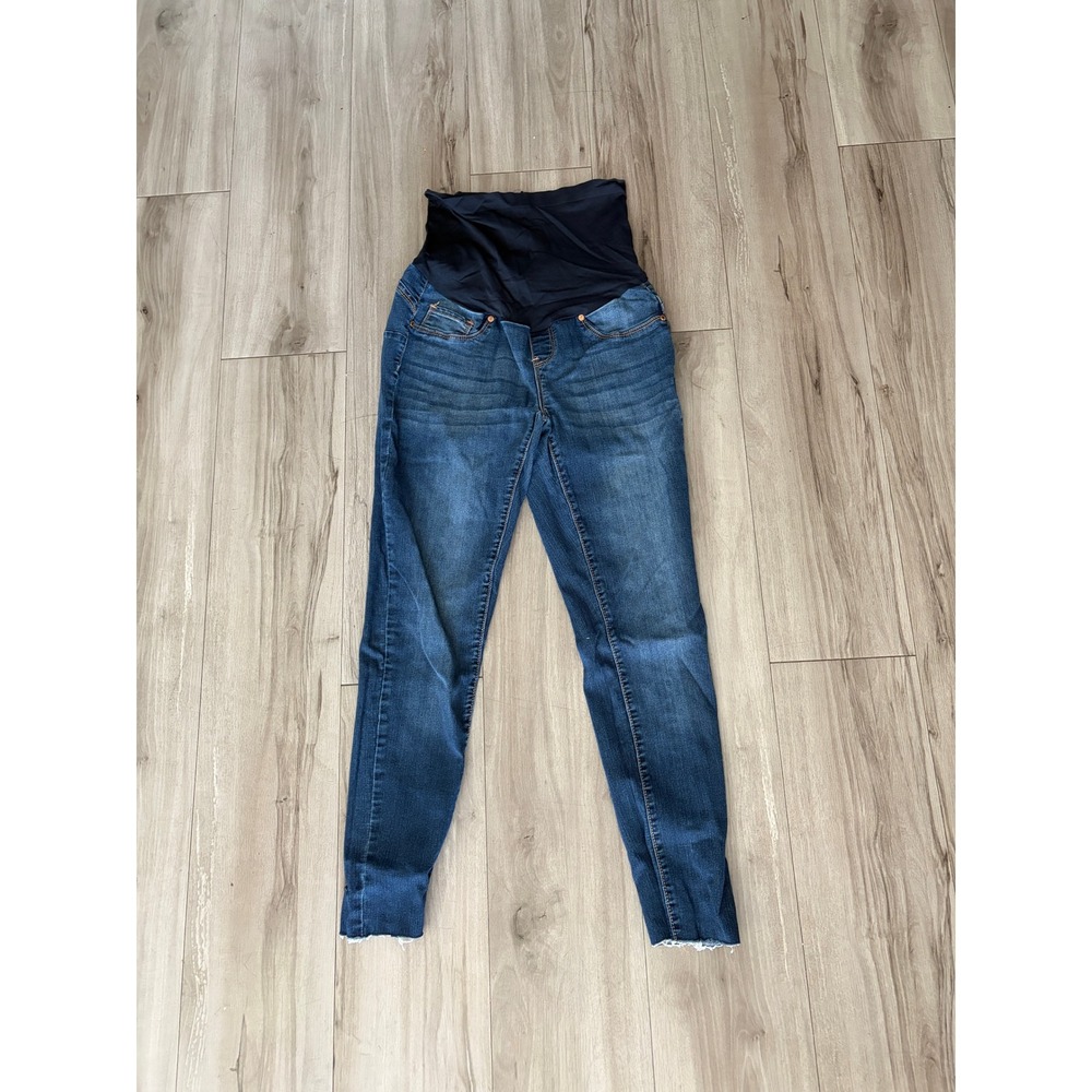 Haute Mama Maternity Skinny Jeans Blue Medium Wash Full Belly Band Raw Hem M